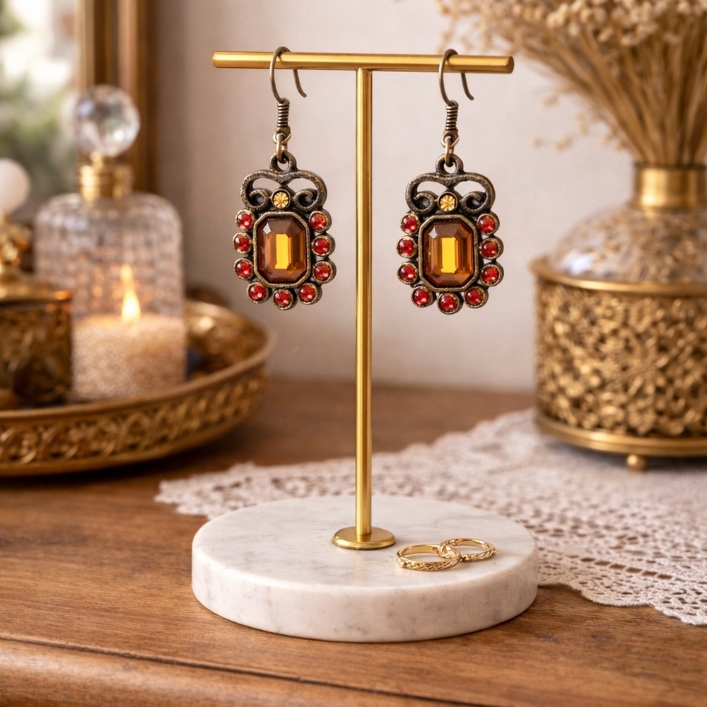 Boho Dangle Earrings Gold & Red Crystal Moroccan Inspired Summery- Pre-loved